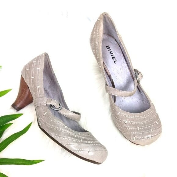 Grey Leather Mary Jane Heels y2k Boho Grey 36 6 Biviel Cottagecore - Picture 1 of 10